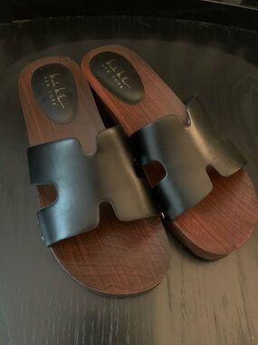 Black Leather Slide Sandals